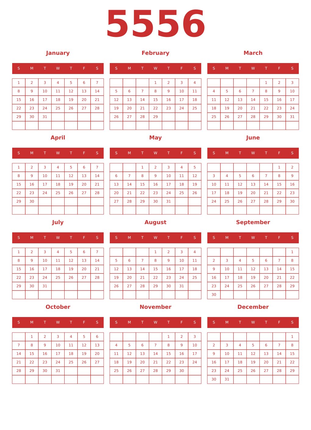 Printable 5556 Year Calendars red