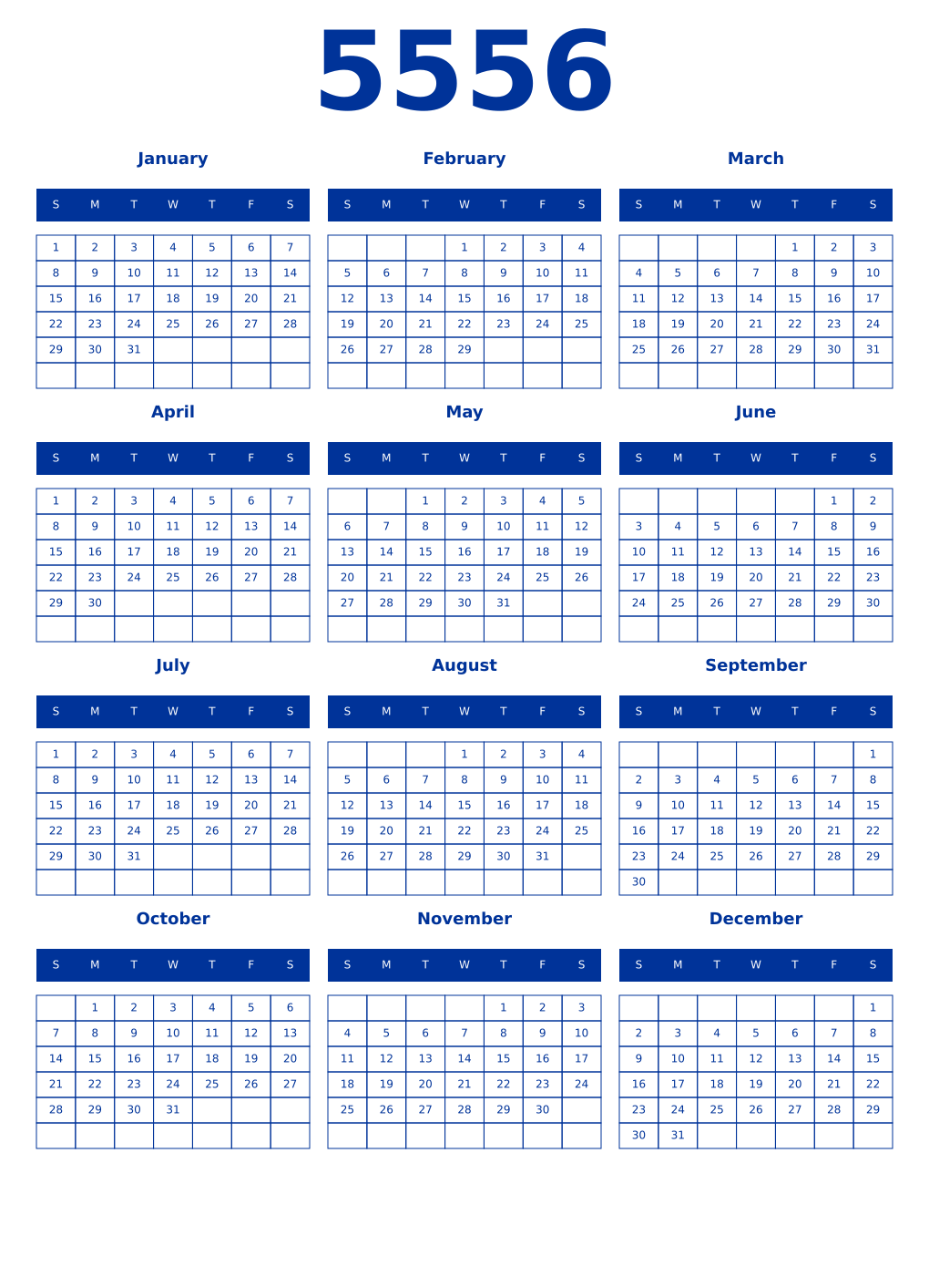 Printable 5556 Year Calendars smalt