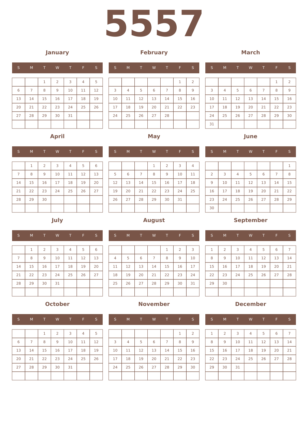 Printable 5557 Year Calendars coffe