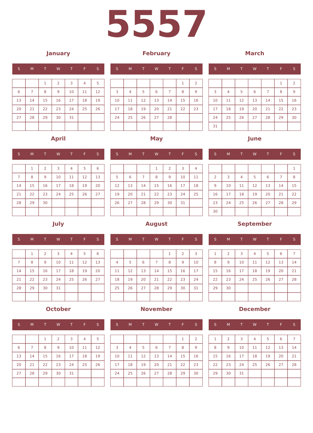 Printable 5557 Year Calendars cordovan