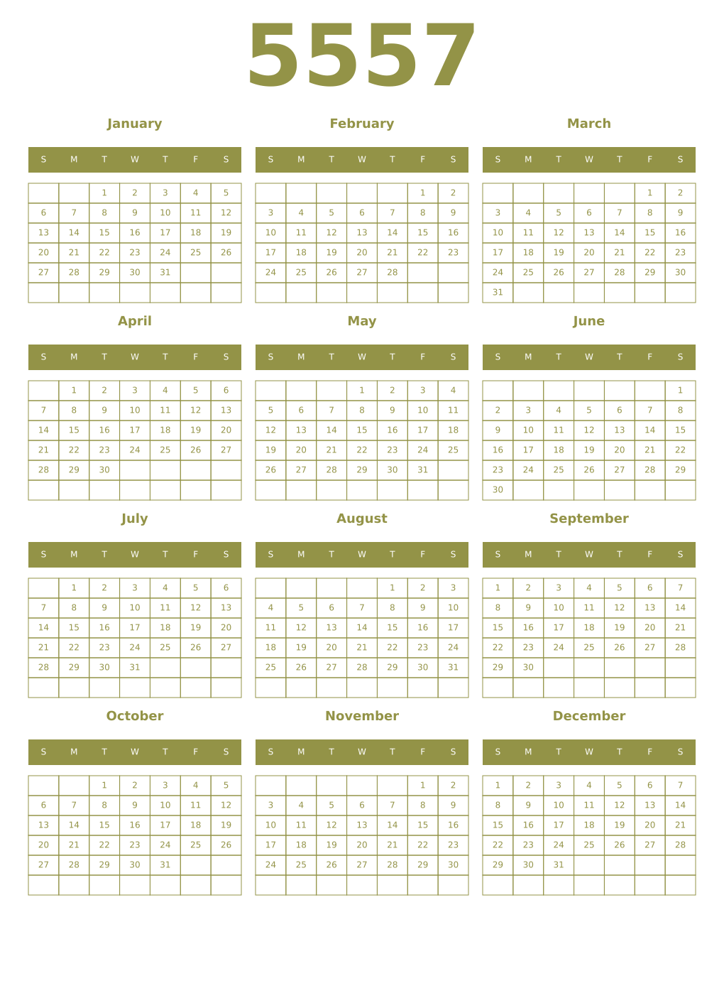 Printable 5557 Year Calendars eburnean
