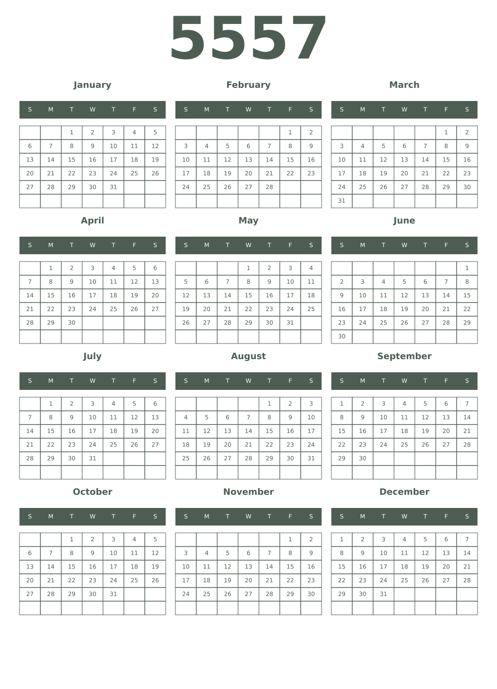 Printable 5557 Year Calendars feldgrau