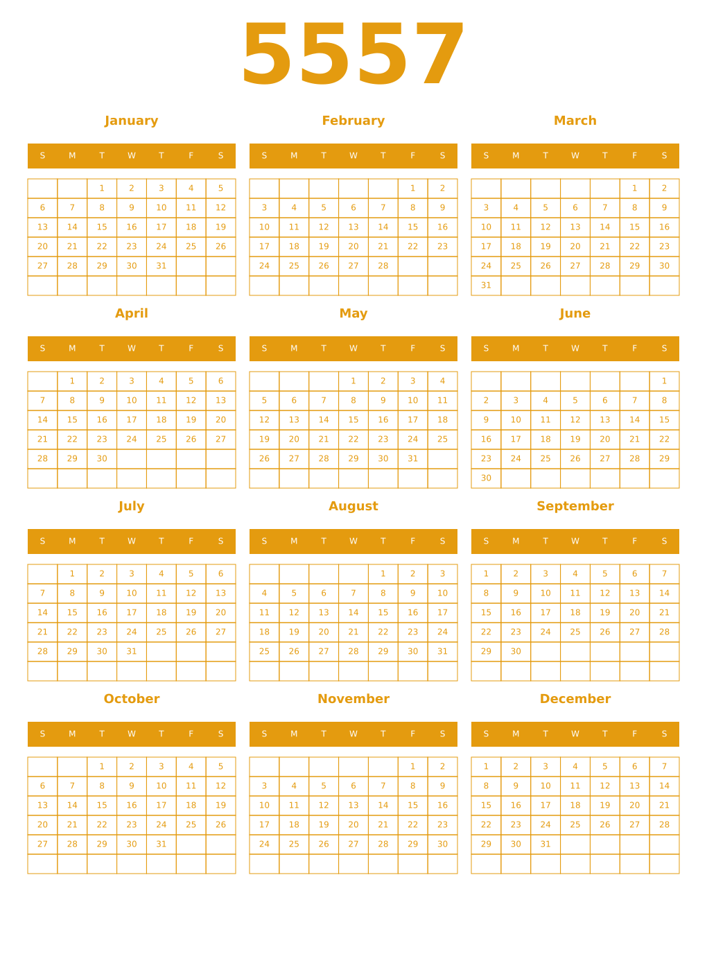 Printable 5557 Year Calendars gamboge