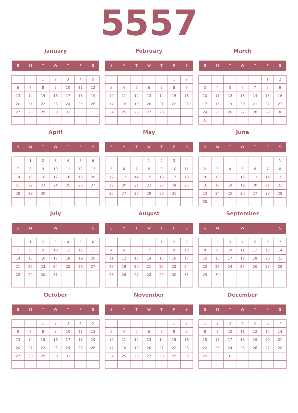 Printable 5557 Year Calendars puce