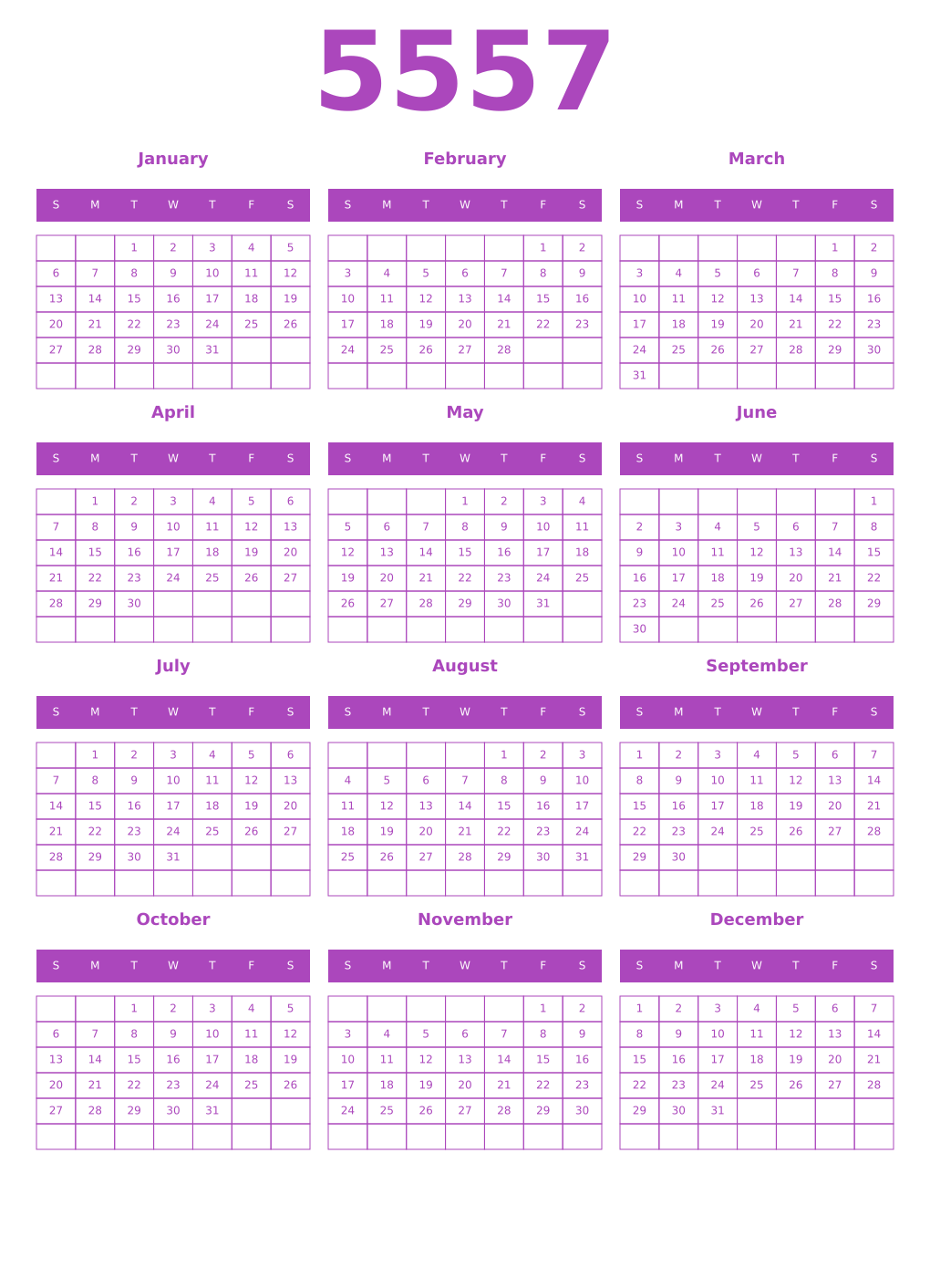 Printable 5557 Year Calendars purple