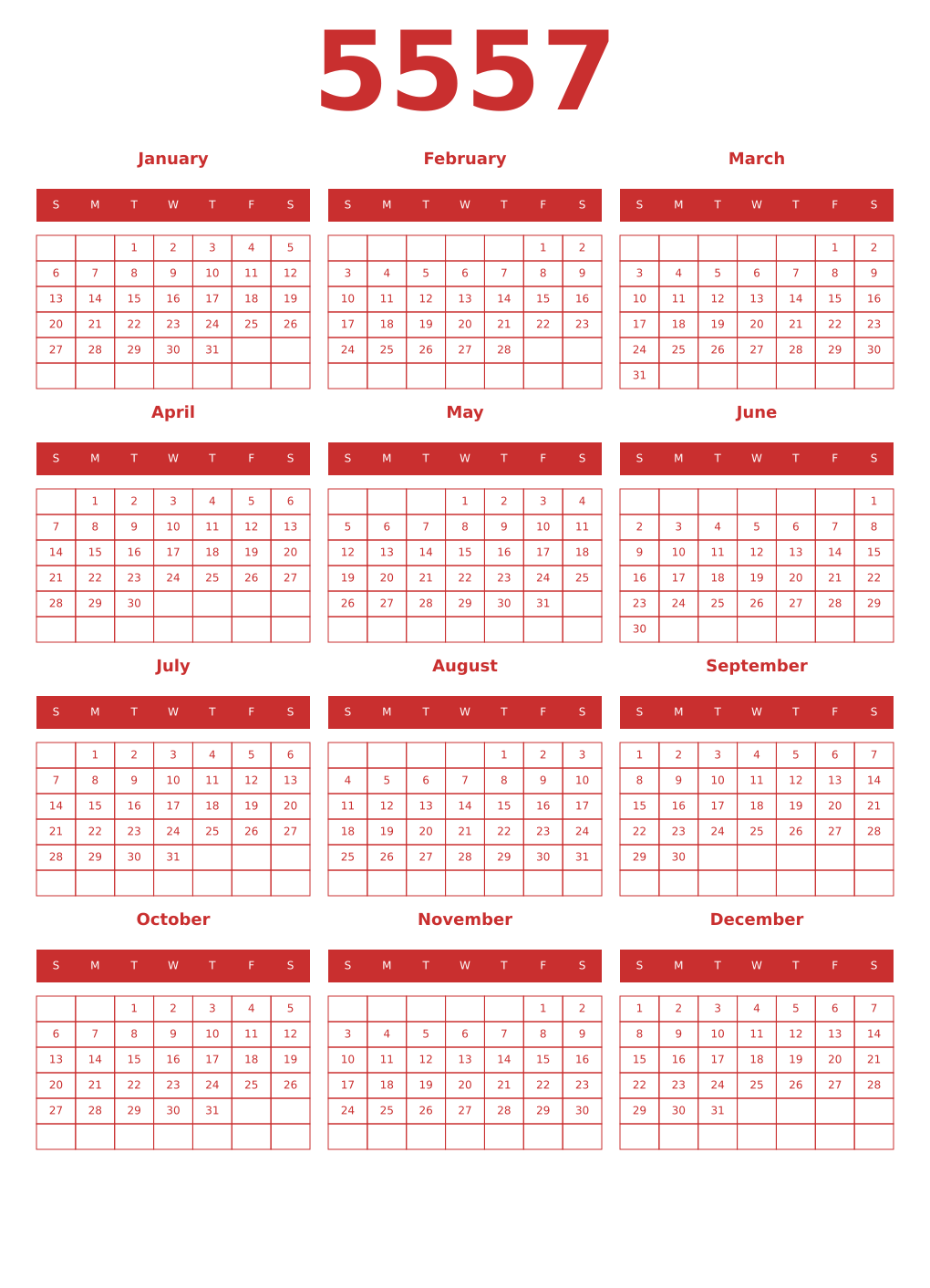 Printable 5557 Year Calendars red