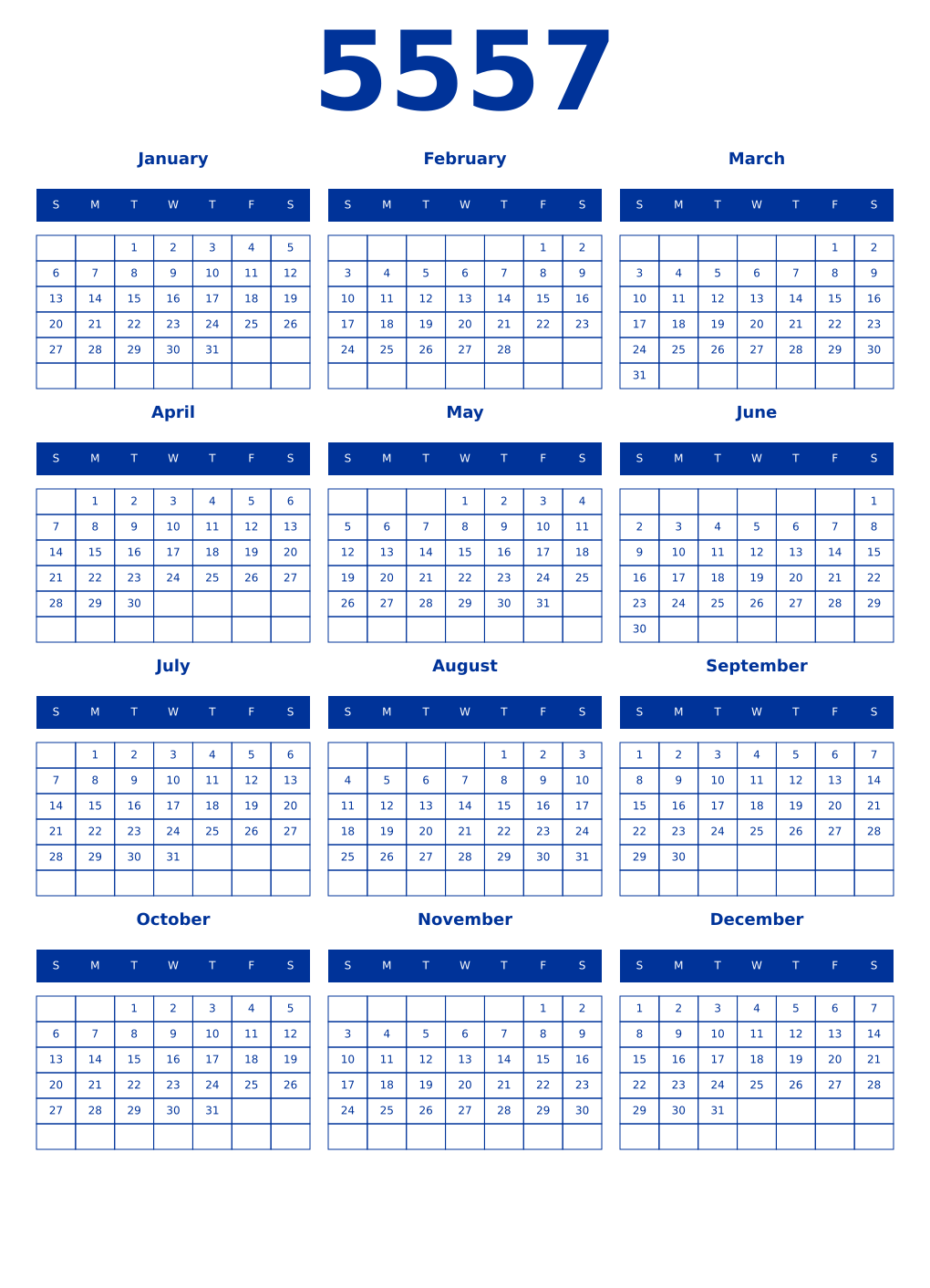 Printable 5557 Year Calendars smalt
