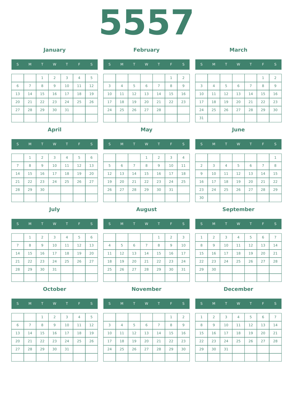 Printable 5557 Year Calendars viridian