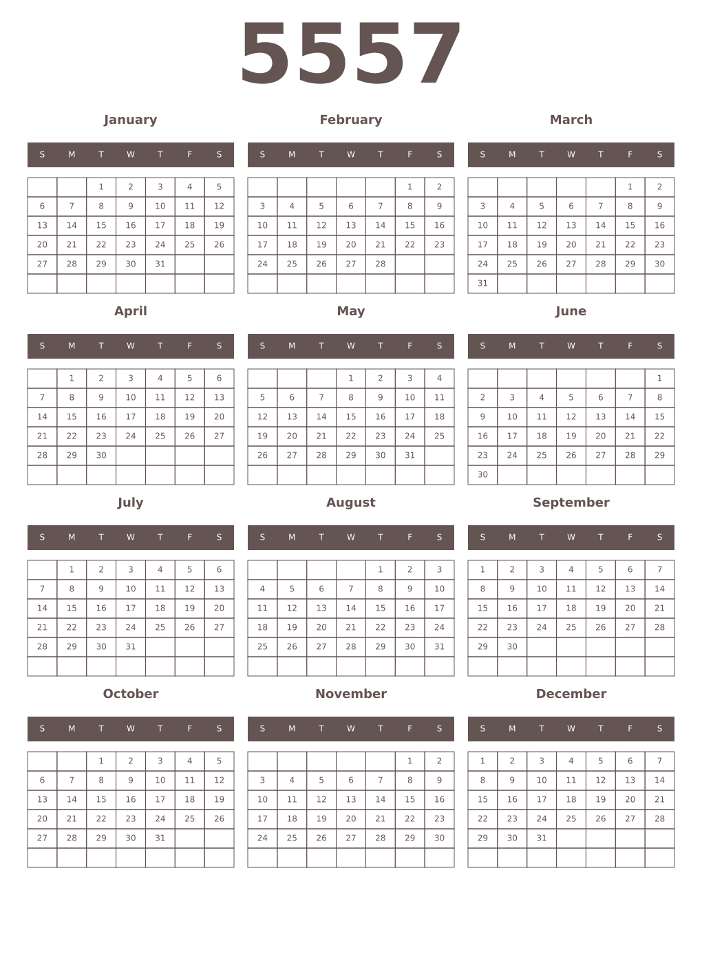 Printable 5557 Year Calendars wenge