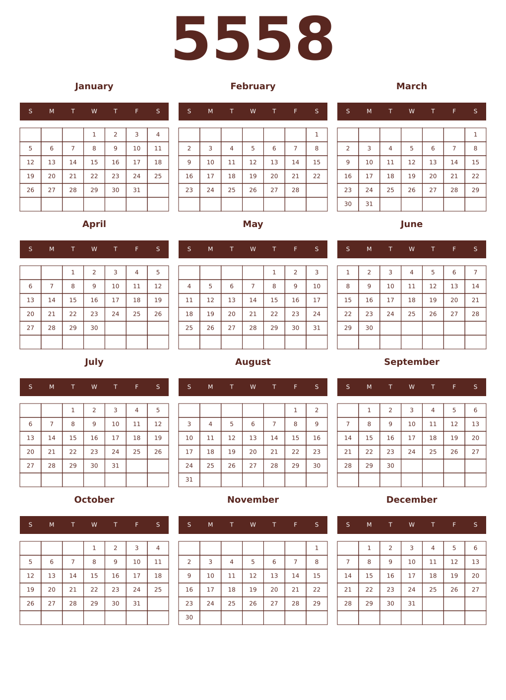 Printable 5558 Year Calendars mortuum