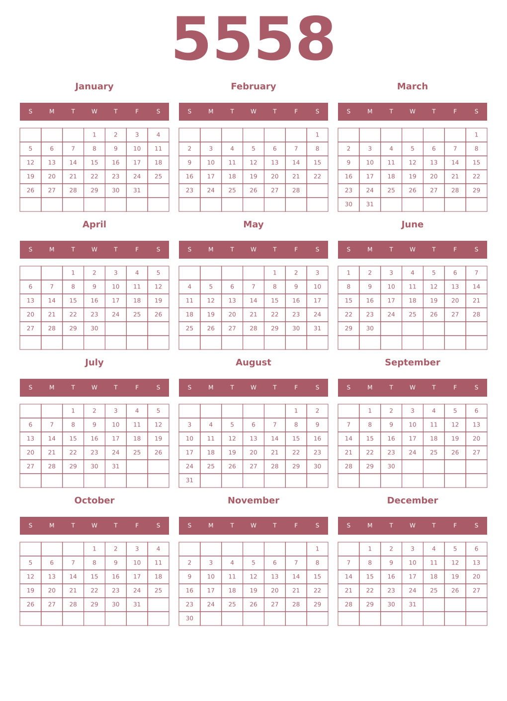 Printable 5558 Year Calendars puce