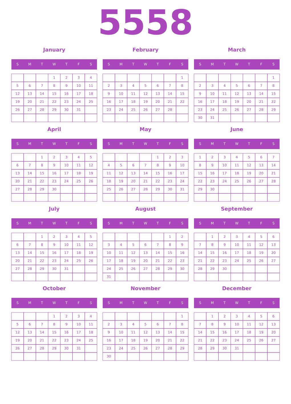 Printable 5558 Year Calendars purple