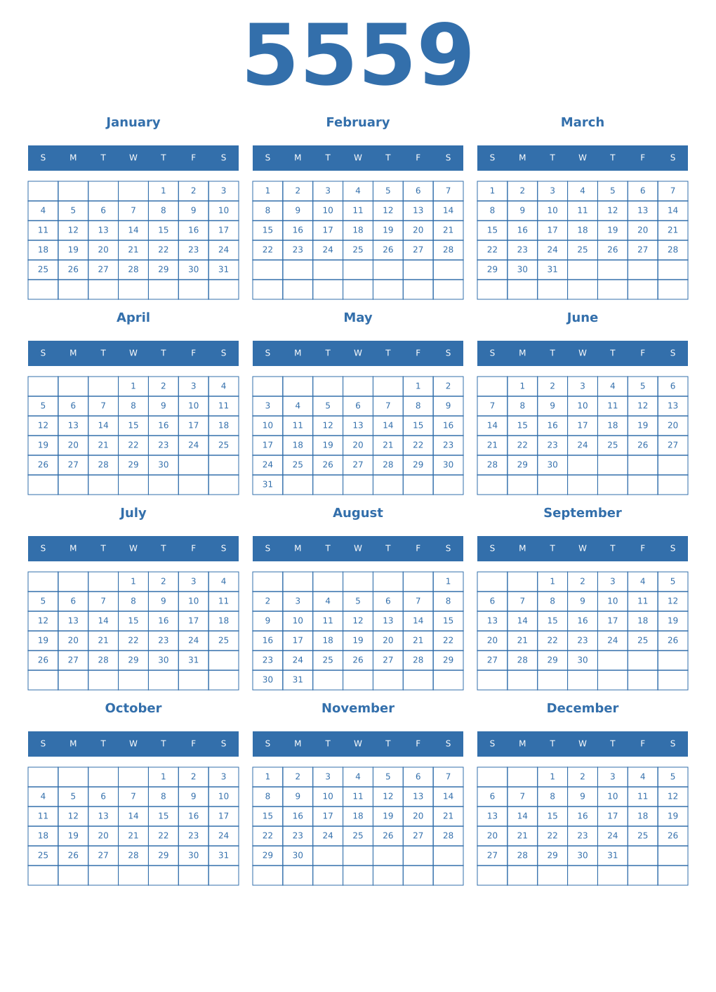 Printable 5559 Year Calendars blue
