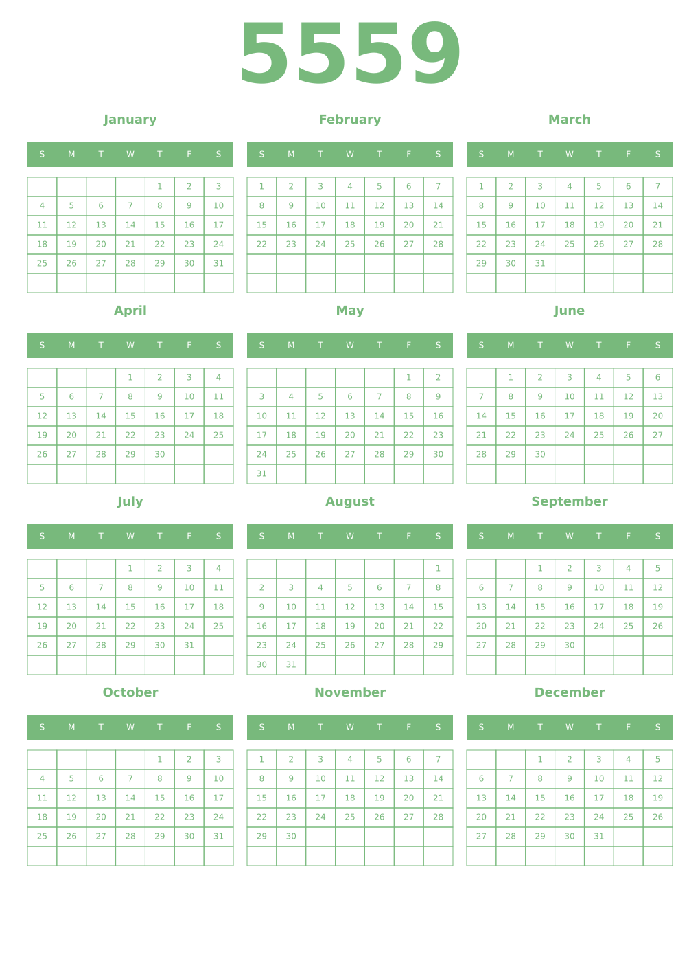Printable 5559 Year Calendars celadon