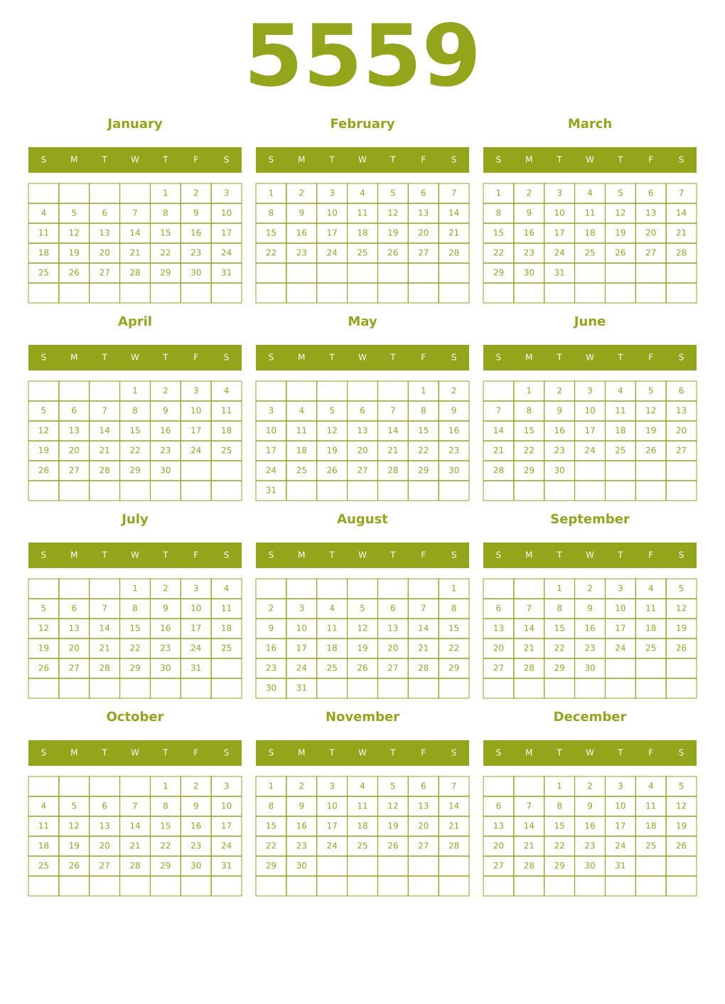 Printable 5559 Year Calendars chartreuse
