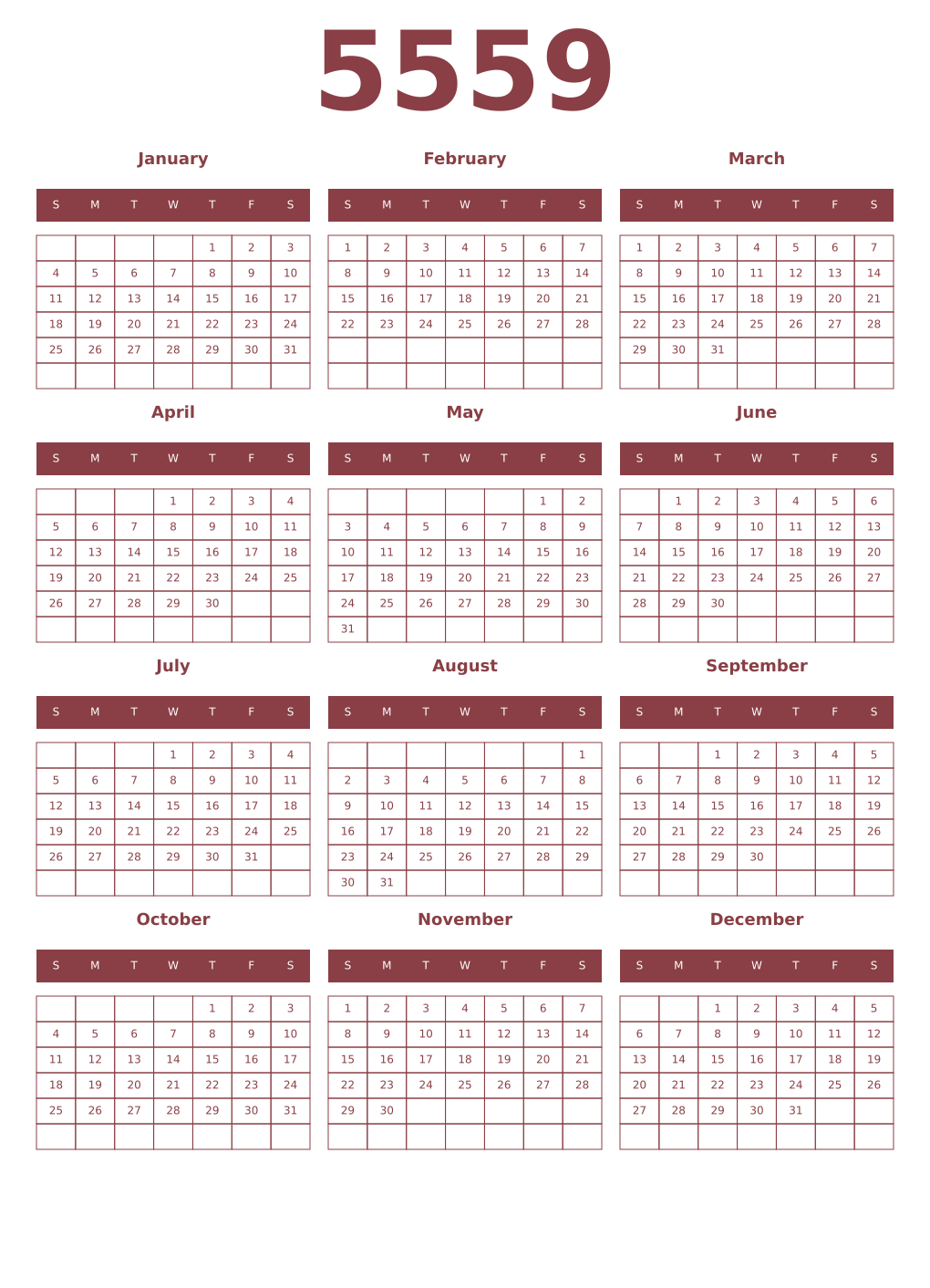 Printable 5559 Year Calendars cordovan