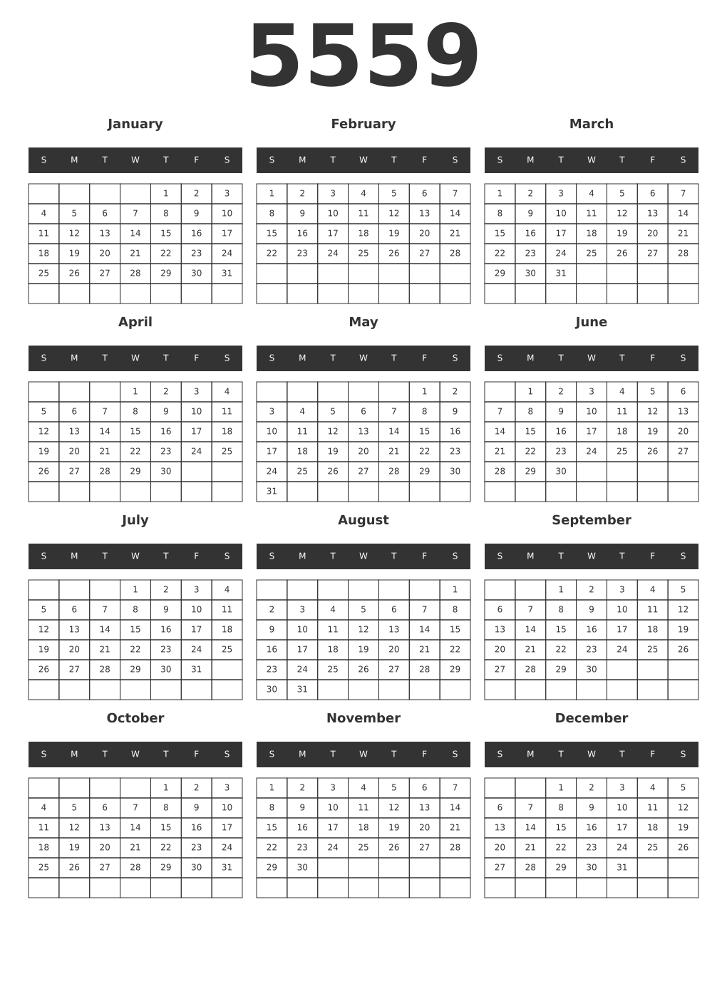 Printable 5559 Year Calendars dark