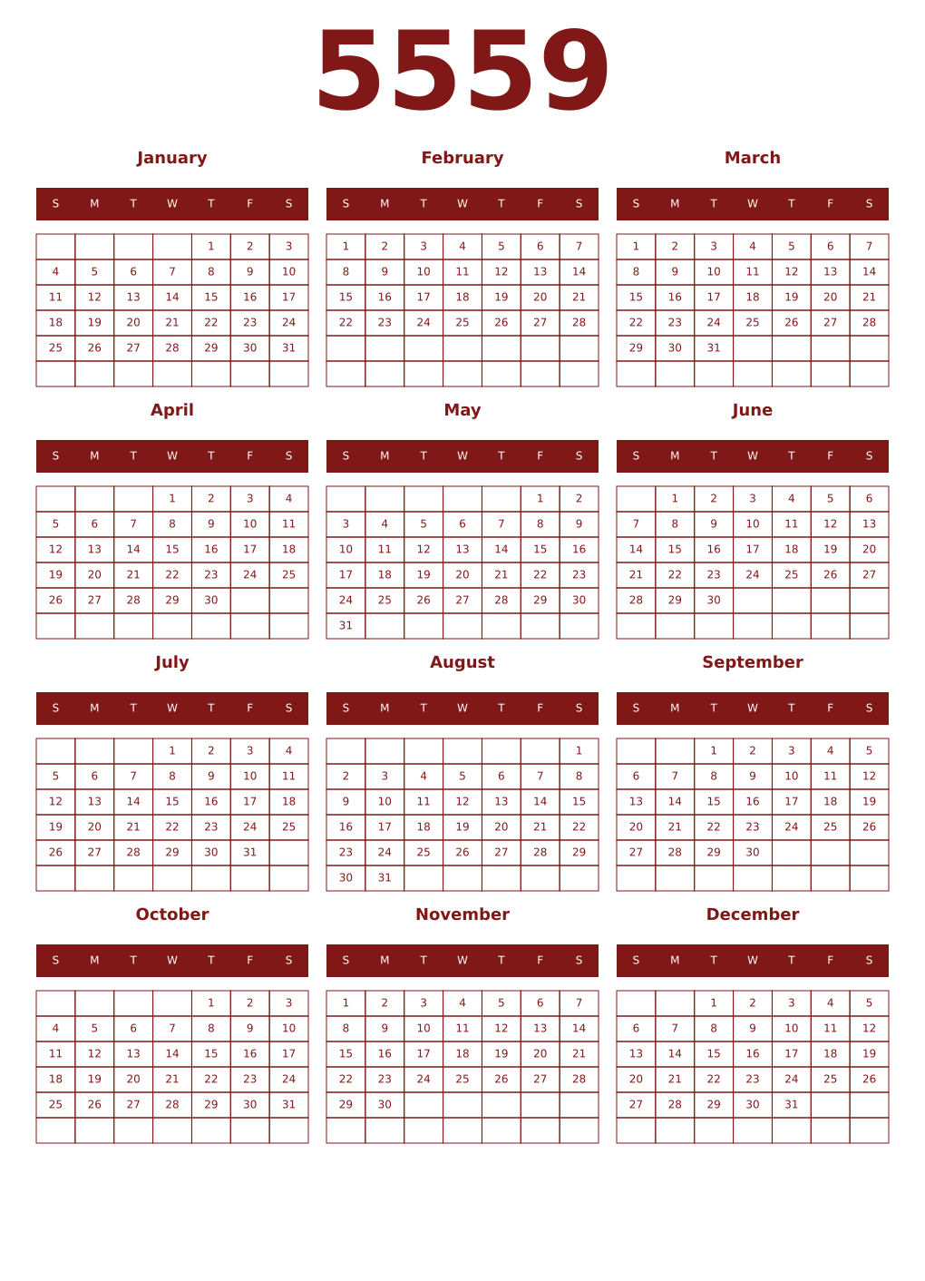 Printable 5559 Year Calendars falu