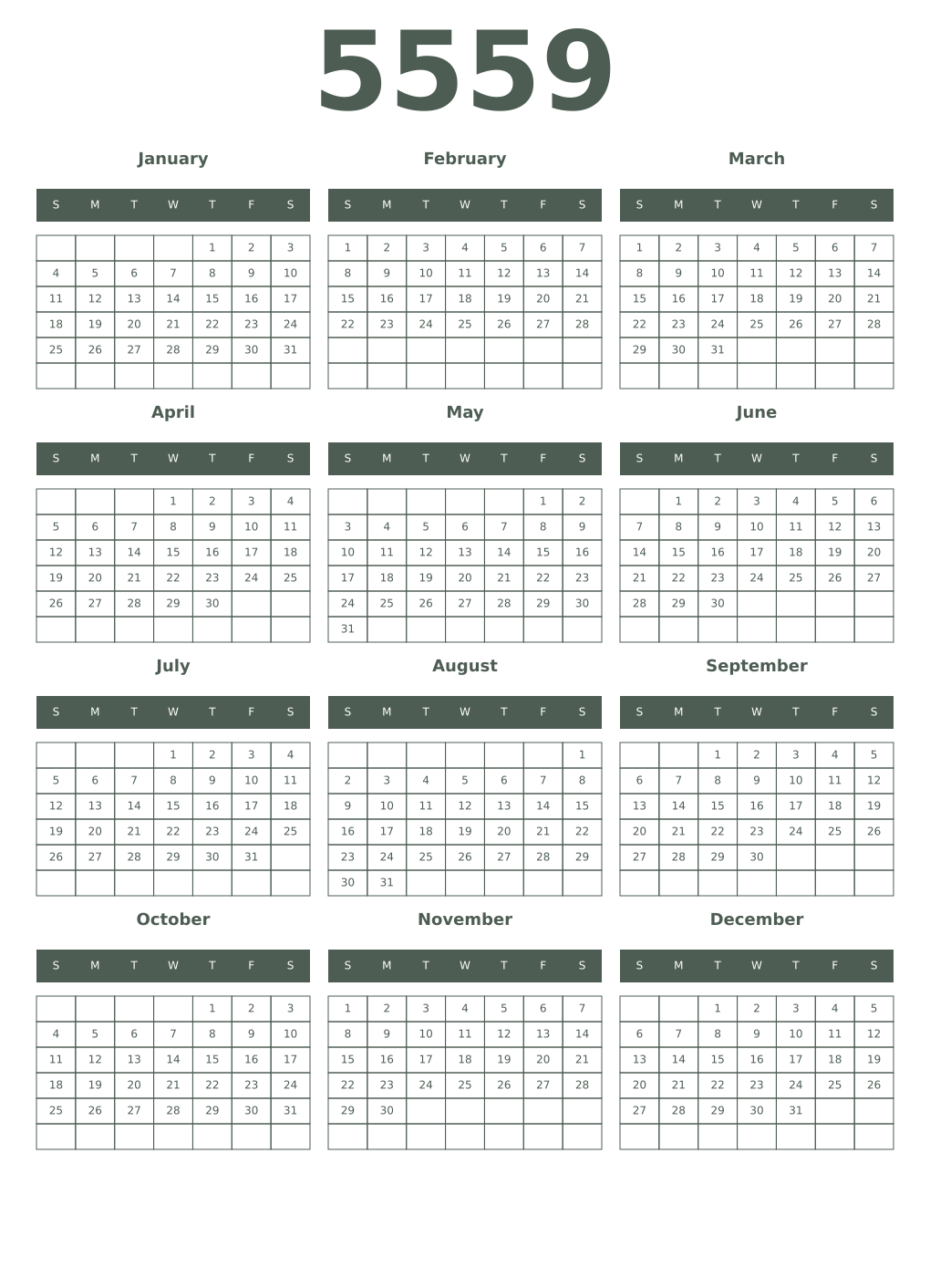 Printable 5559 Year Calendars feldgrau