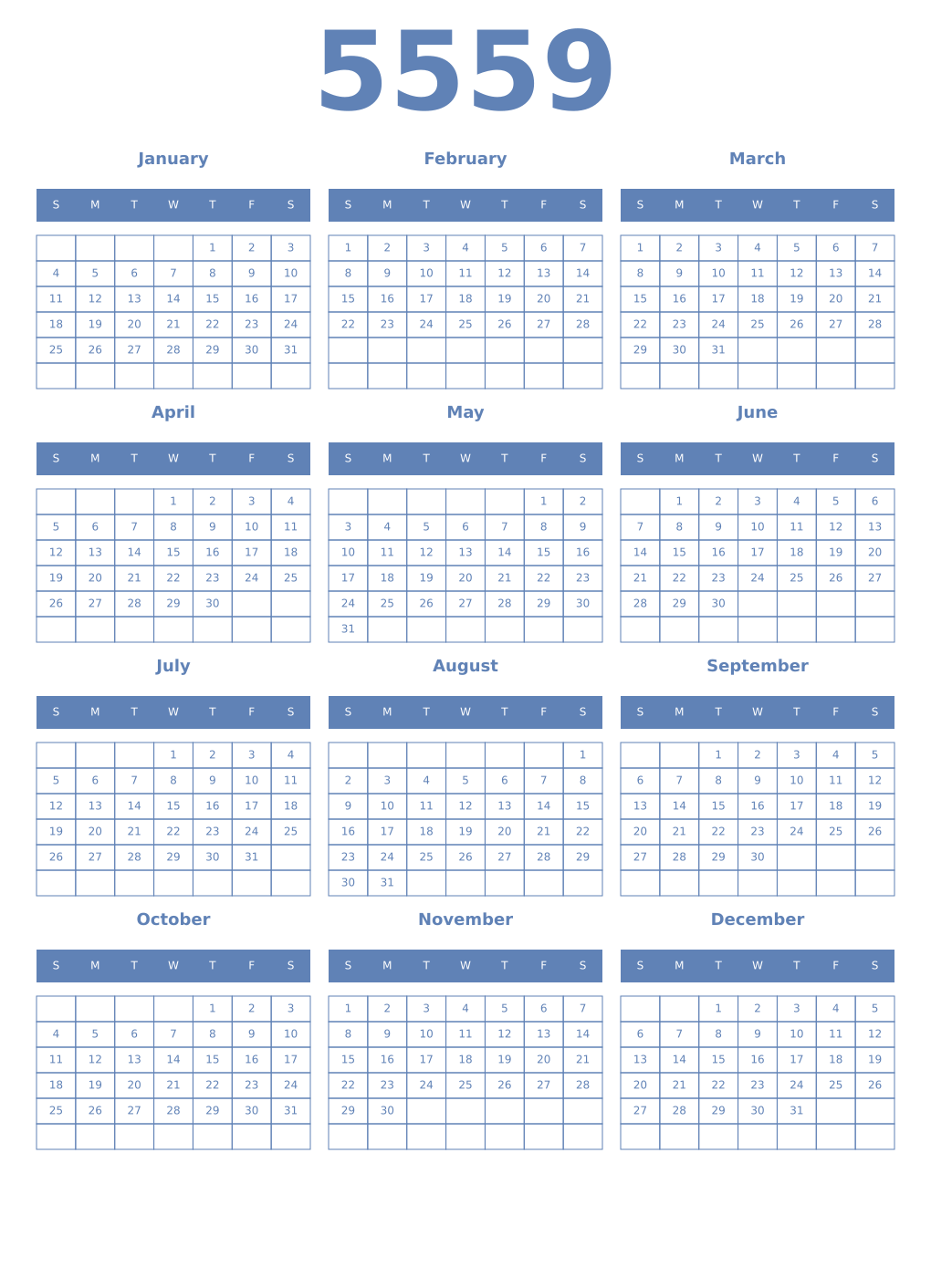 Printable 5559 Year Calendars glaucous