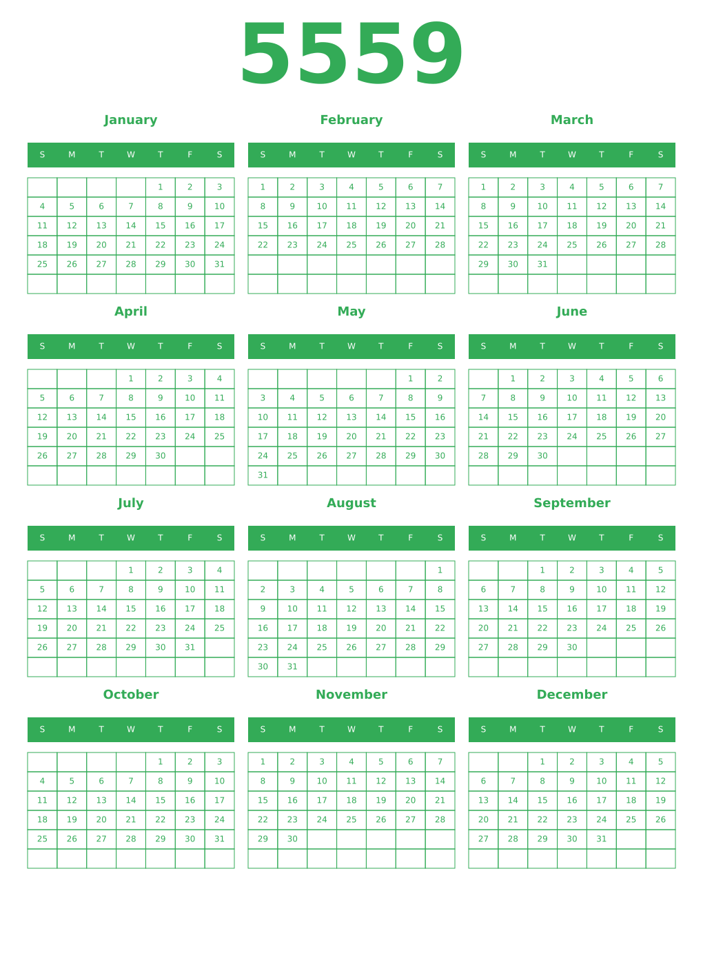 Printable 5559 Year Calendars green