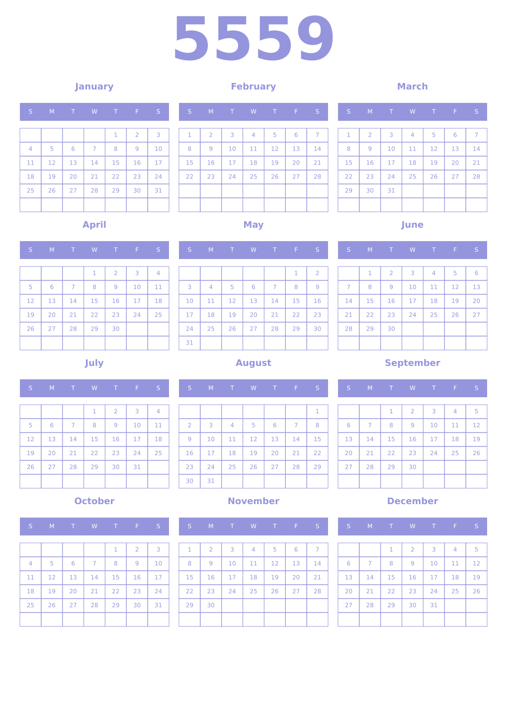 Printable 5559 Year Calendars periwinkle