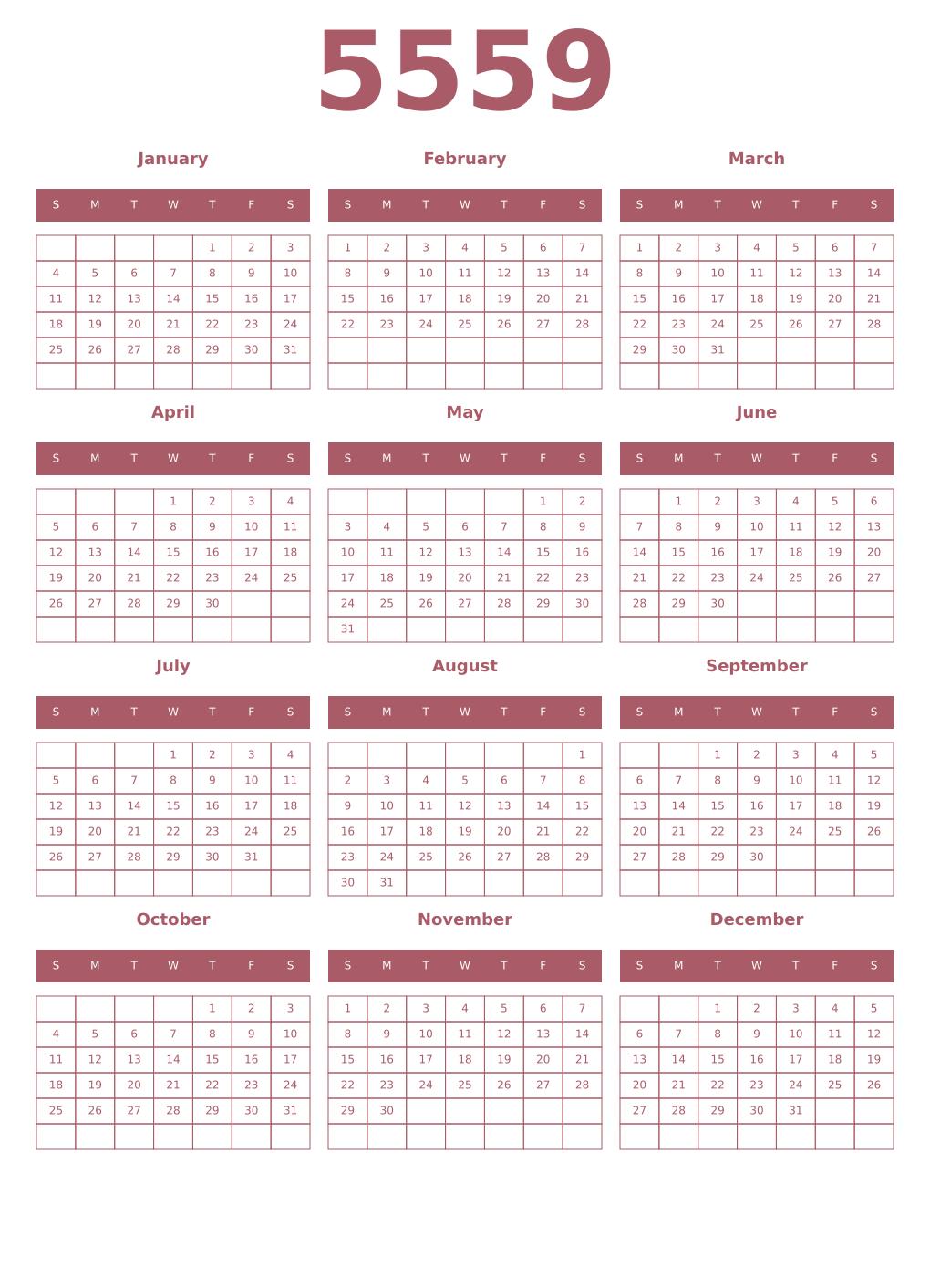 Printable 5559 Year Calendars puce