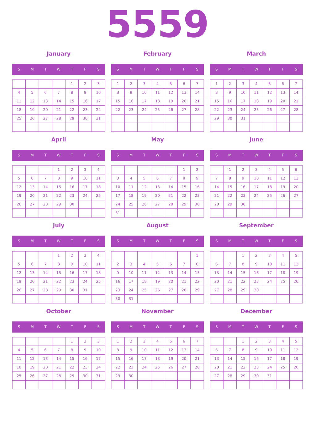 Printable 5559 Year Calendars purple