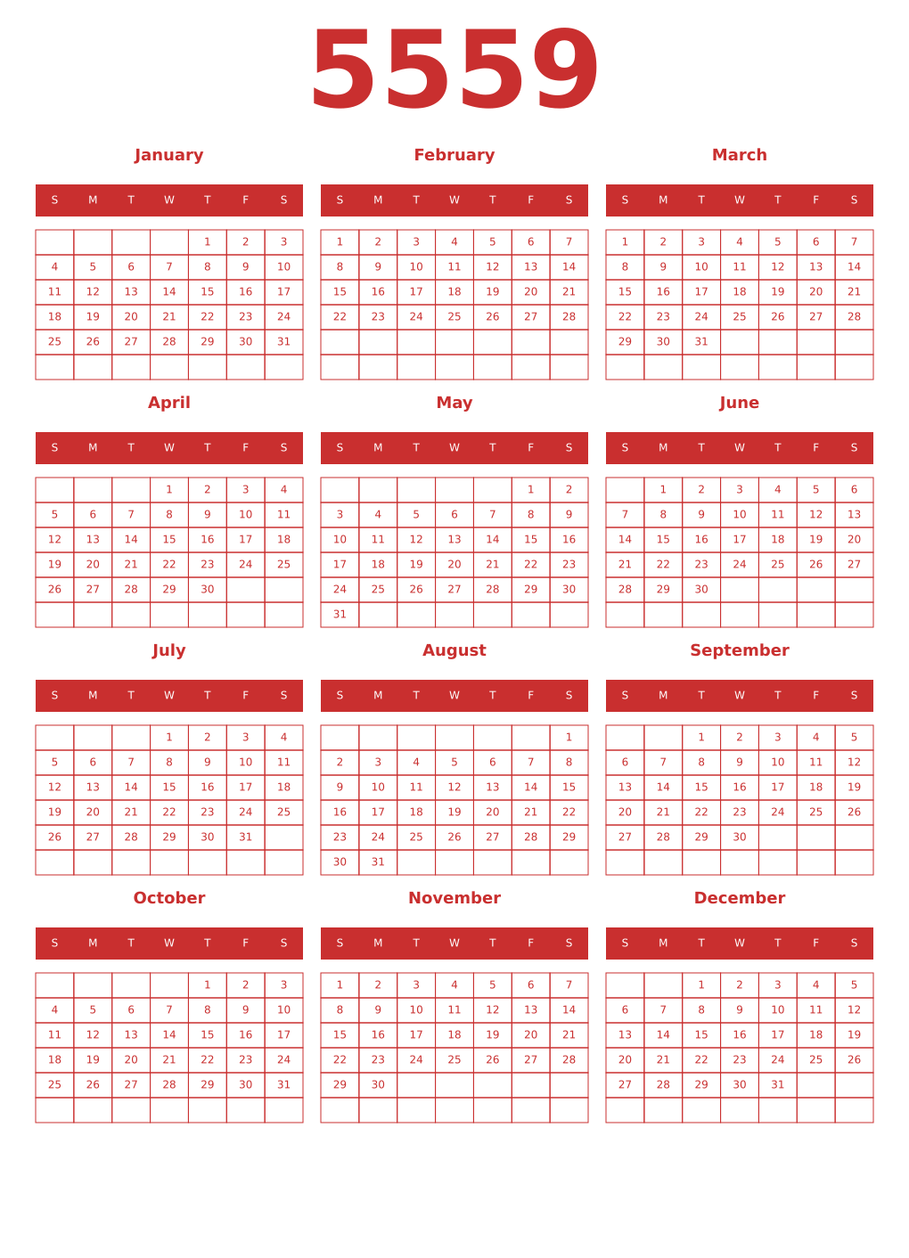 Printable 5559 Year Calendars red