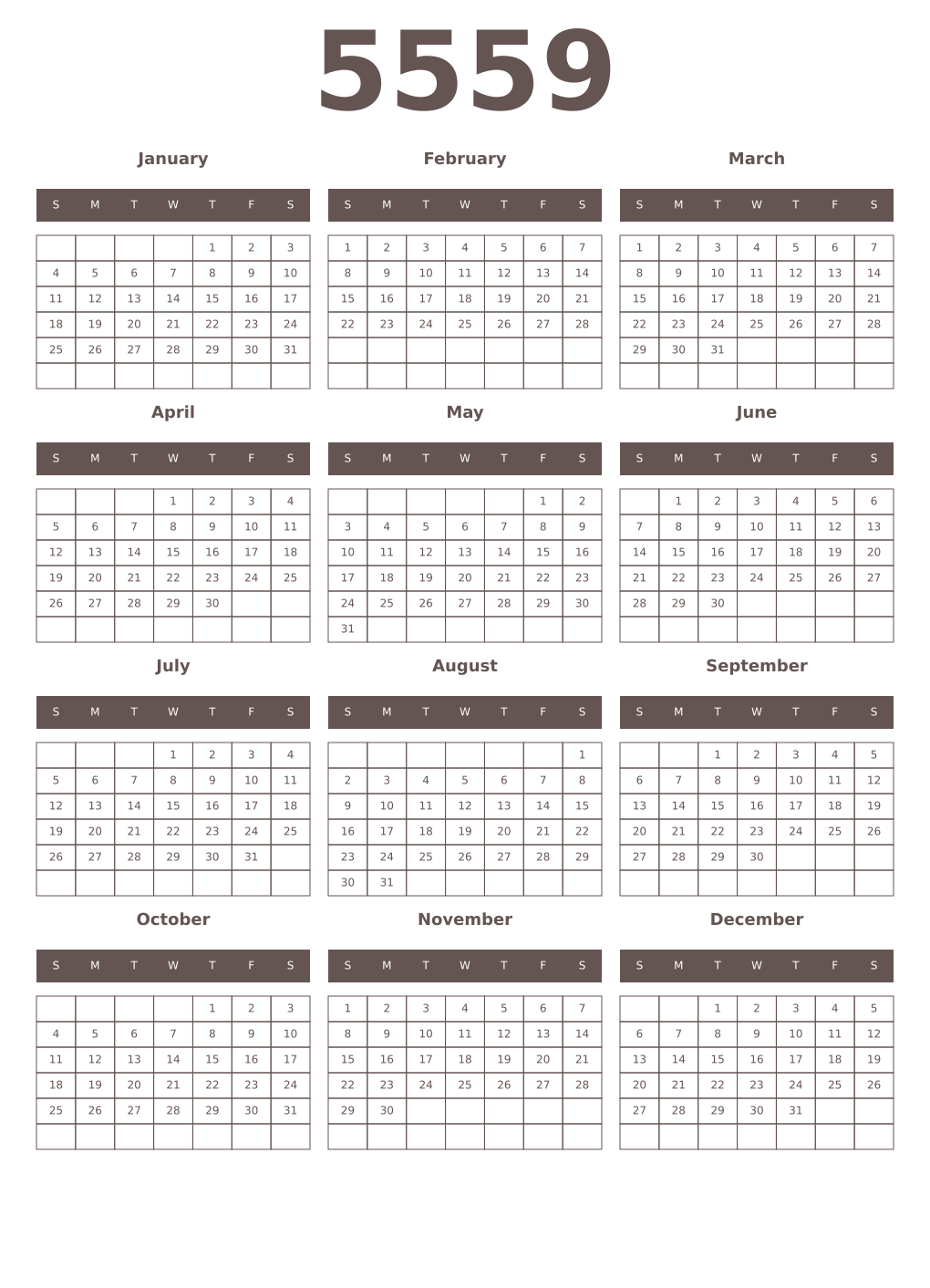 Printable 5559 Year Calendars wenge