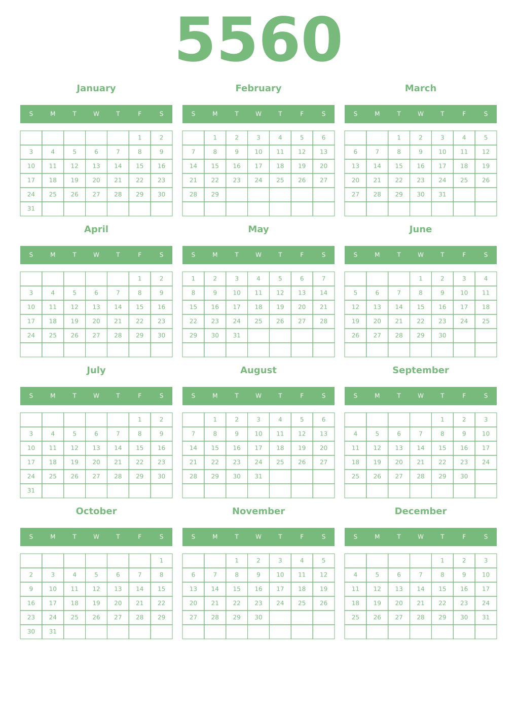 Printable 5560 Year Calendars celadon