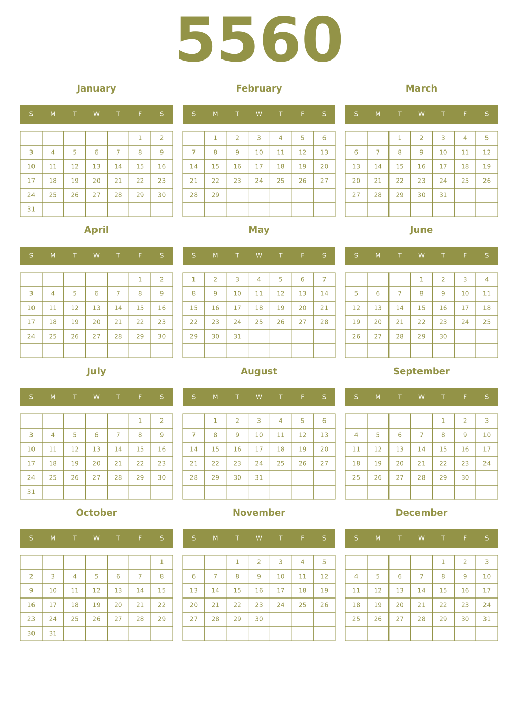 Printable 5560 Year Calendars eburnean
