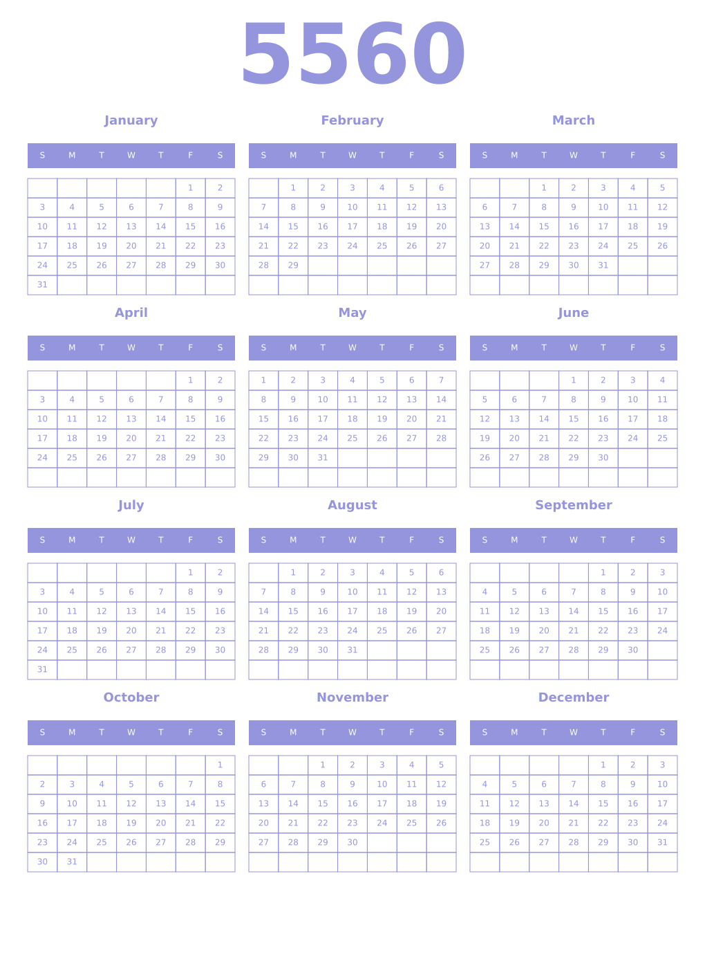 Printable 5560 Year Calendars periwinkle