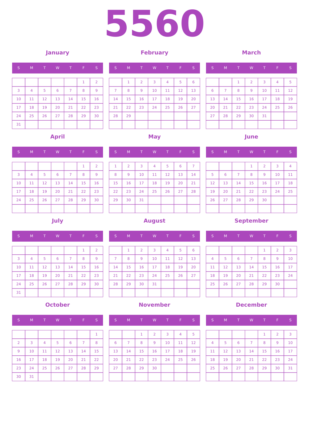 Printable 5560 Year Calendars purple