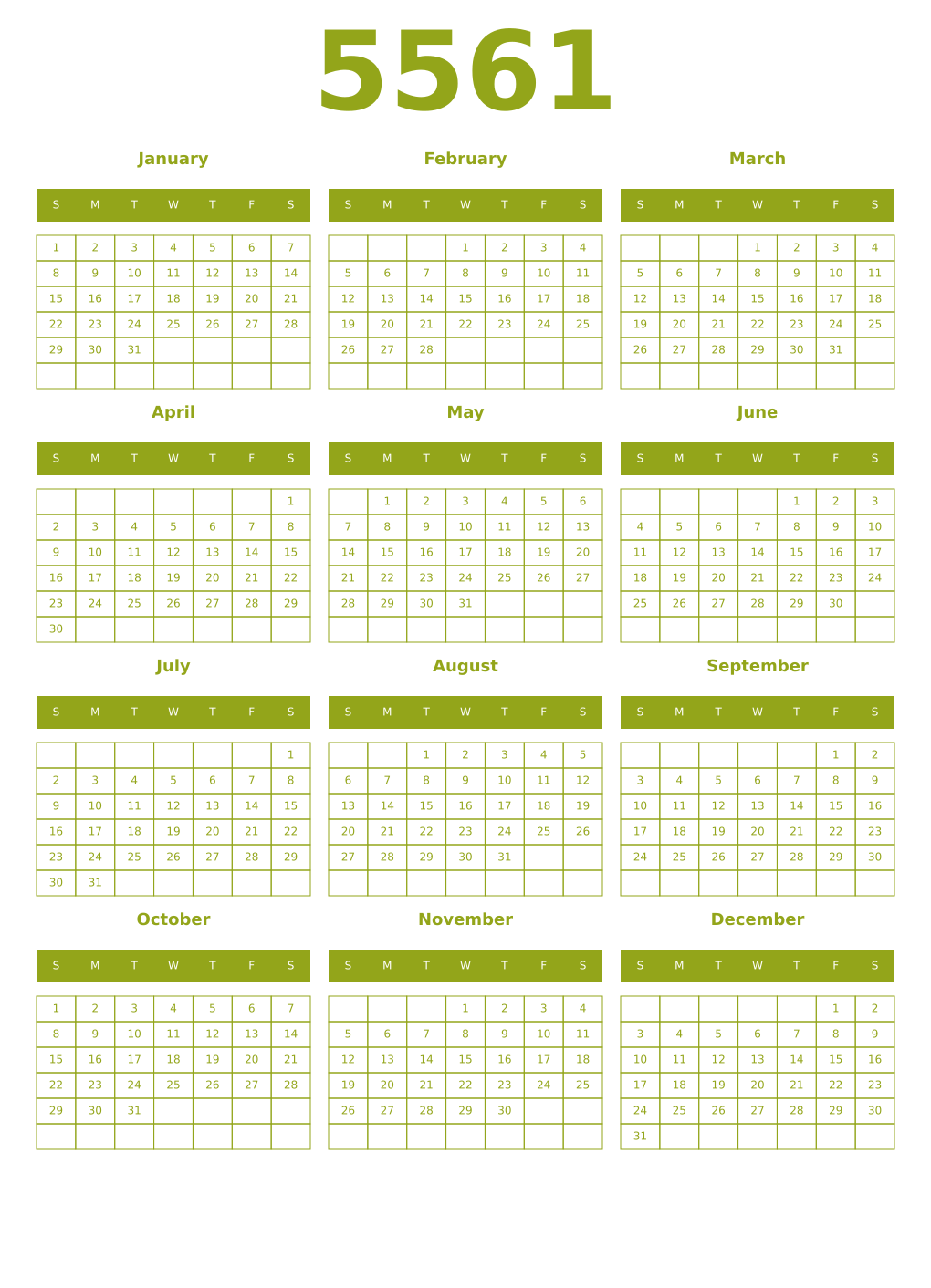 Printable 5561 Year Calendars chartreuse