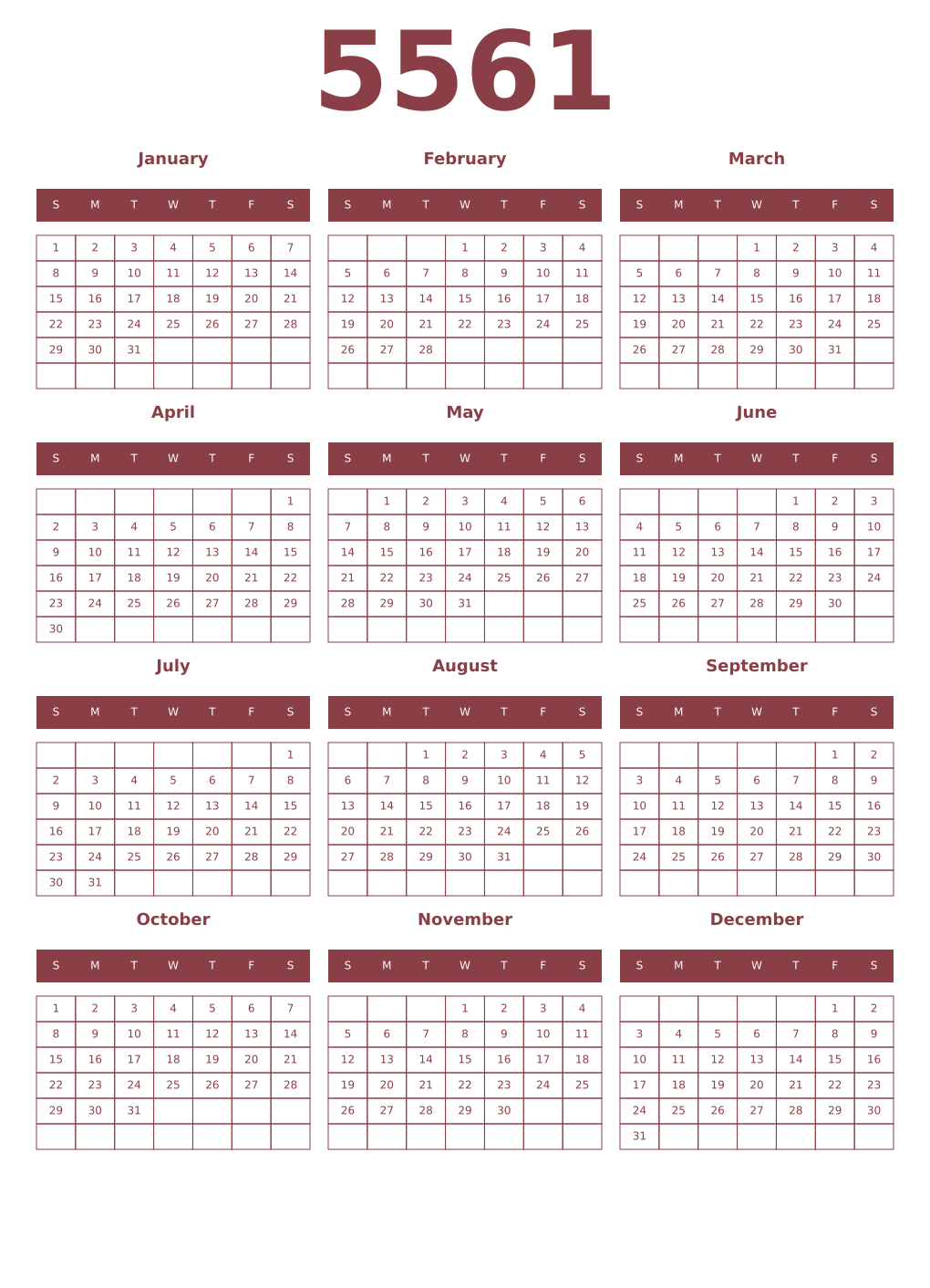 Printable 5561 Year Calendars cordovan