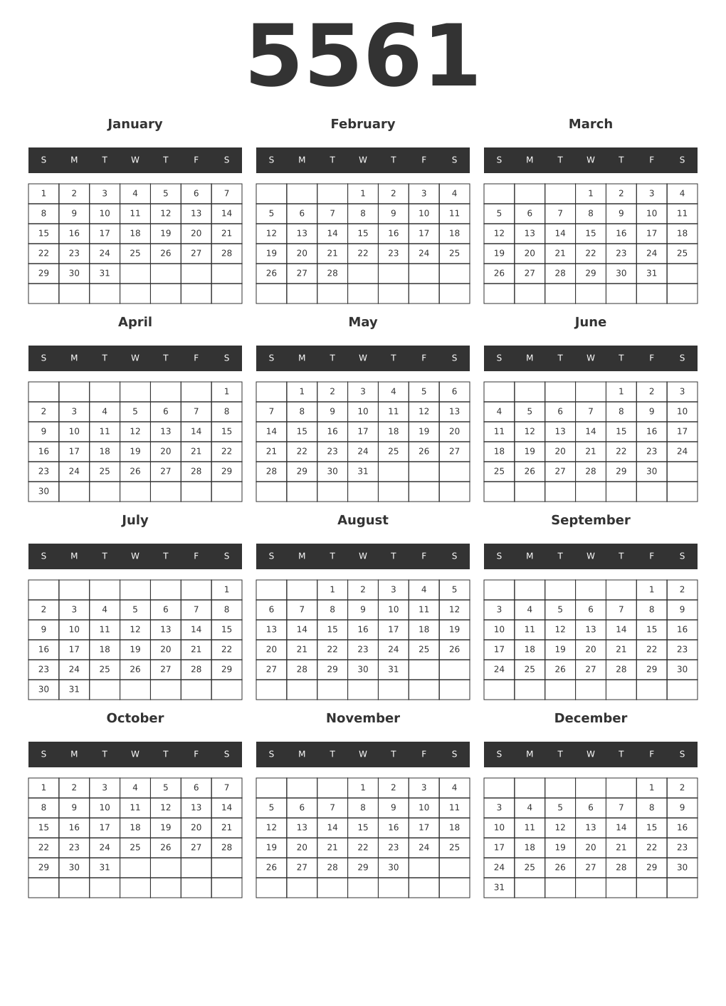 Printable 5561 Year Calendars dark