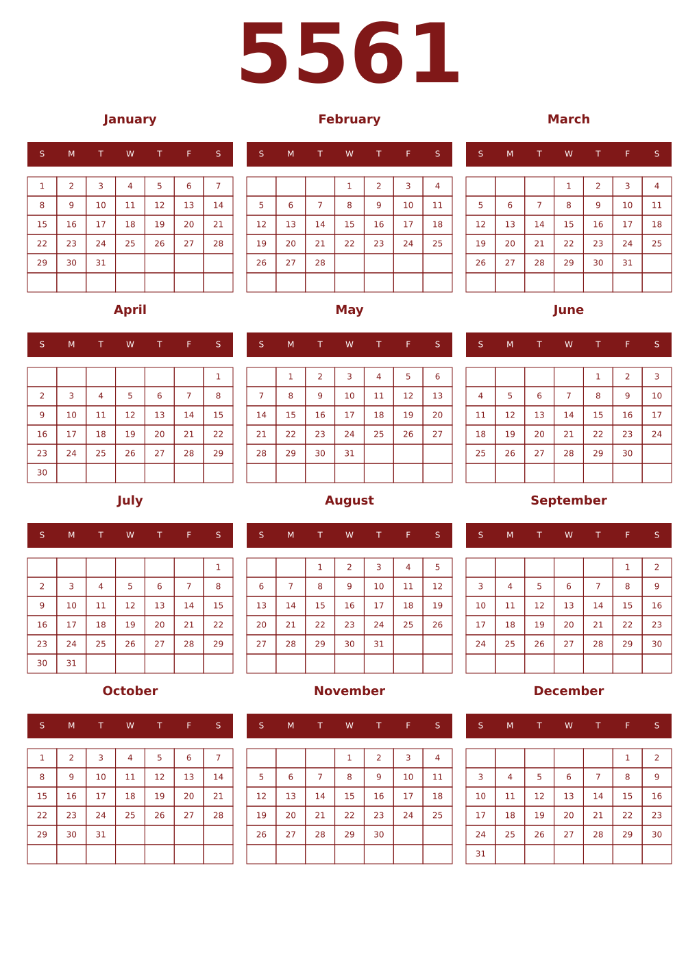 Printable 5561 Year Calendars falu