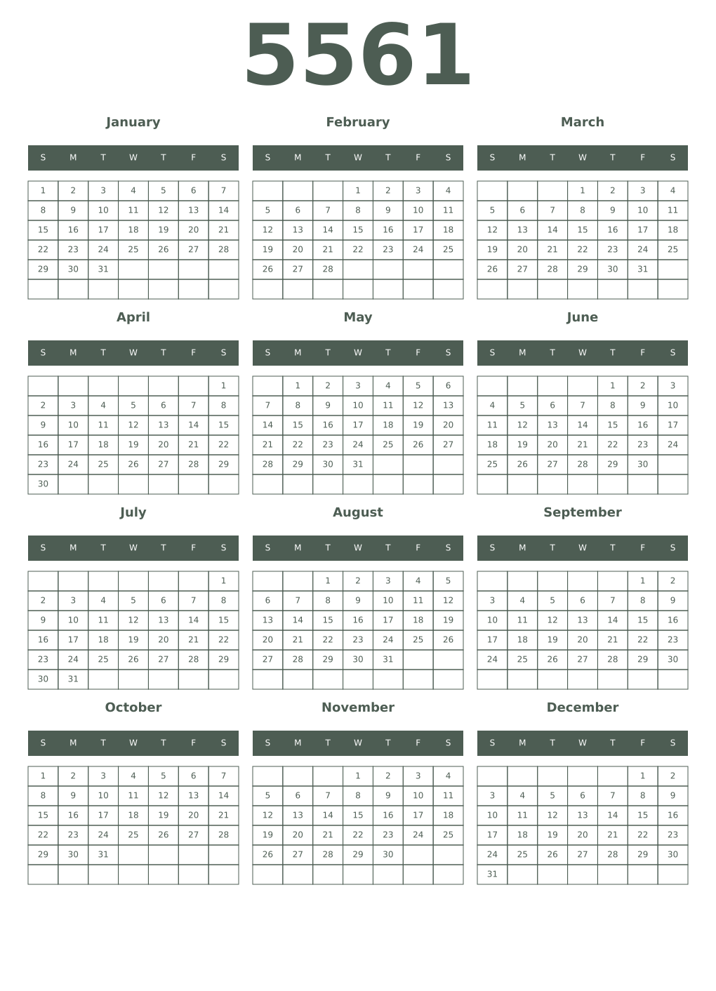 Printable 5561 Year Calendars feldgrau