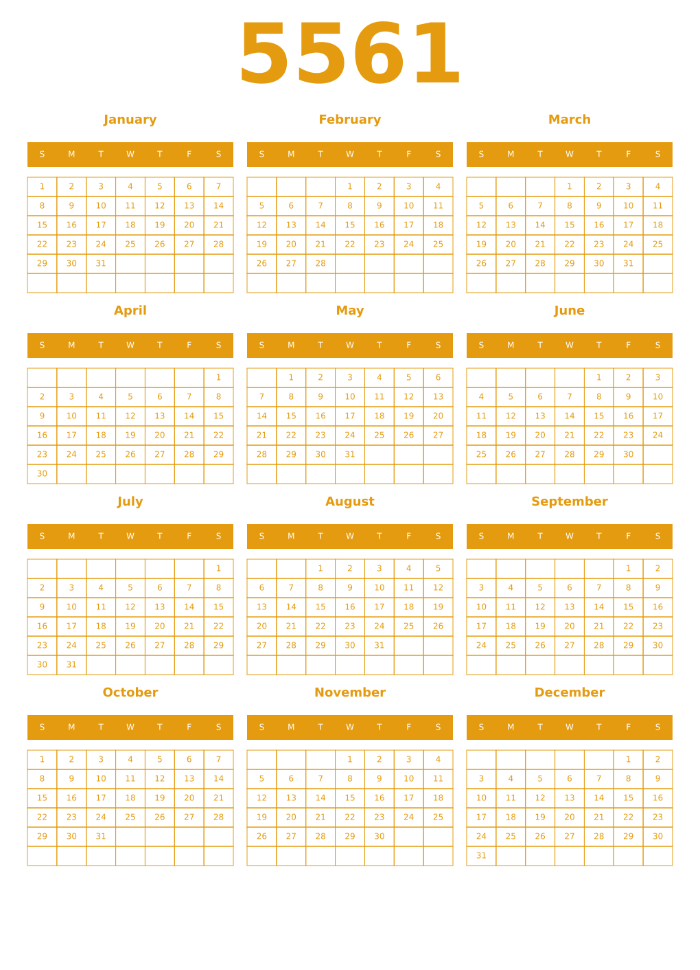 Printable 5561 Year Calendars gamboge