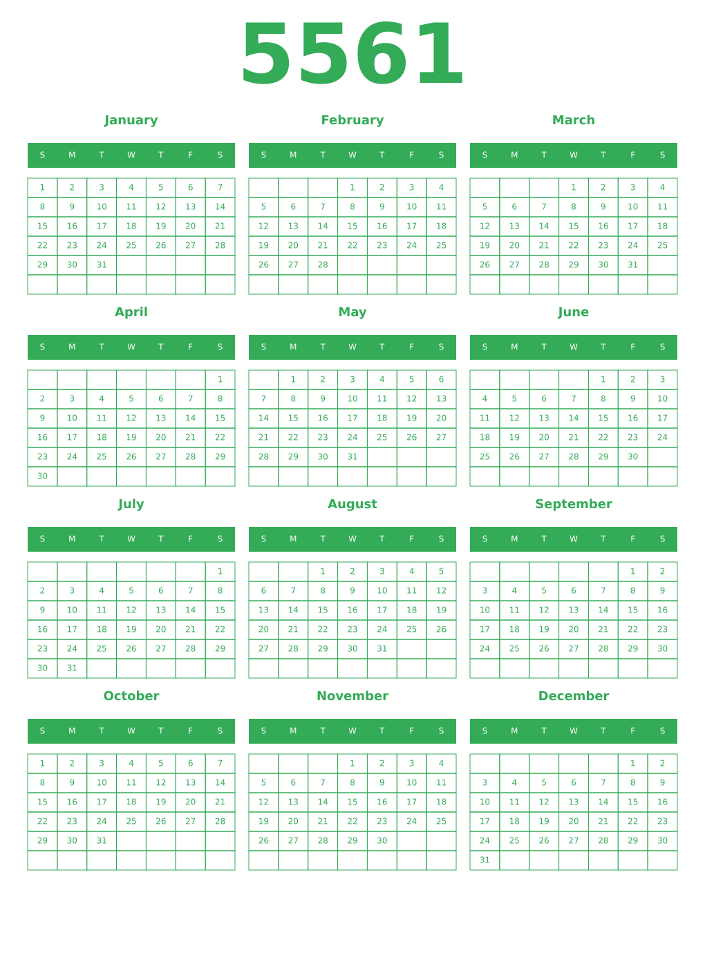 Printable 5561 Year Calendars green