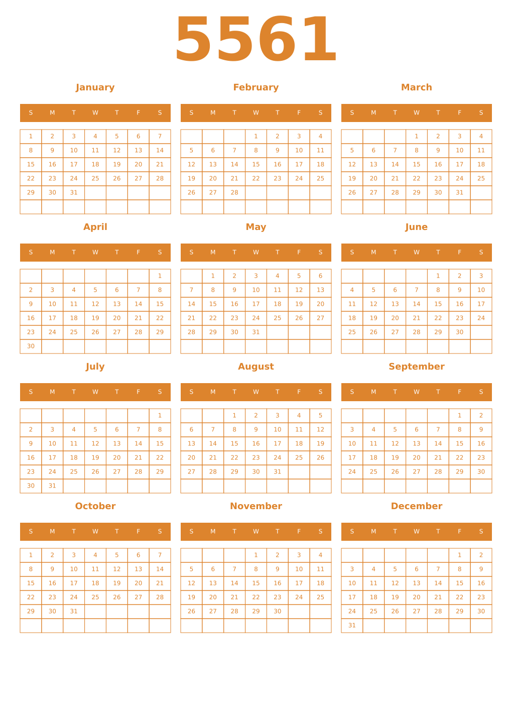 Printable 5561 Year Calendars orange