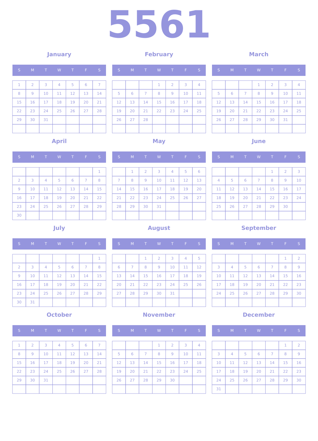 Printable 5561 Year Calendars periwinkle