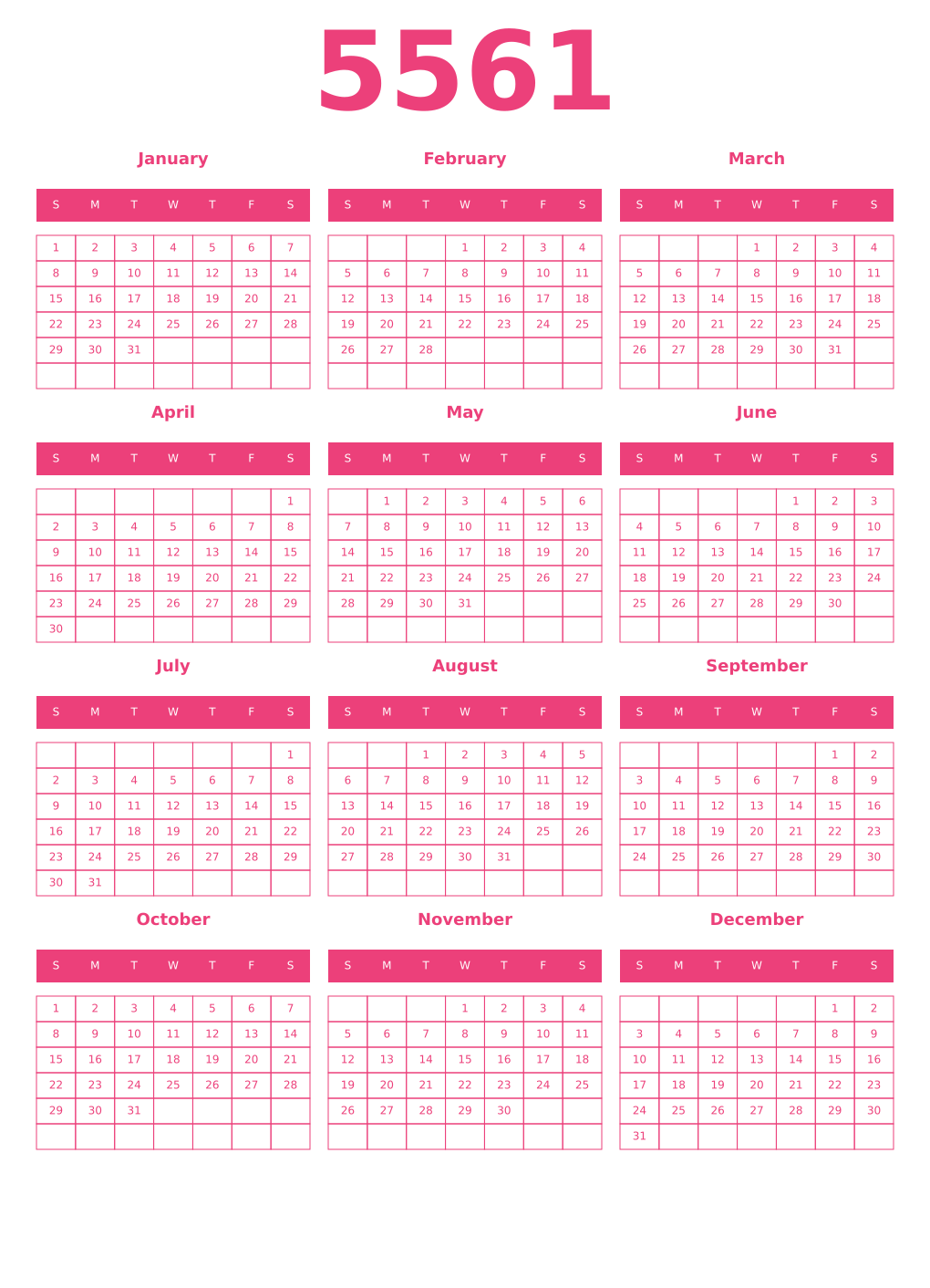 Printable 5561 Year Calendars pink