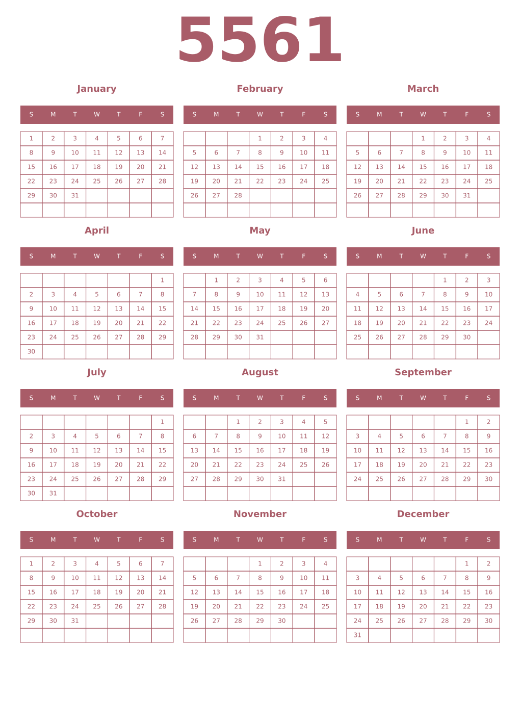 Printable 5561 Year Calendars puce