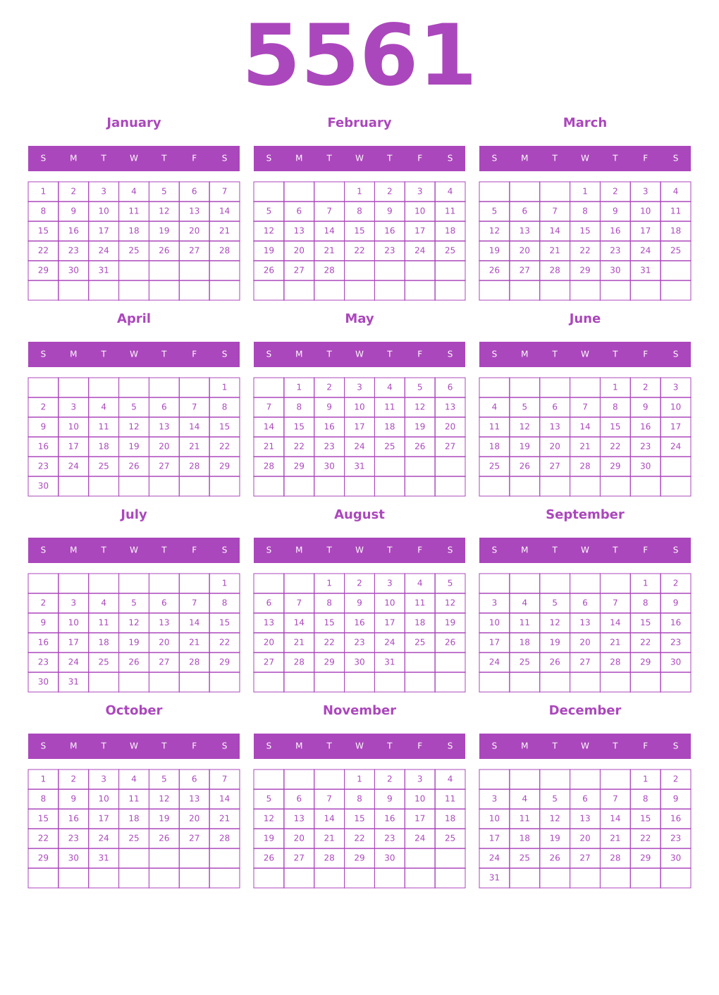 Printable 5561 Year Calendars purple