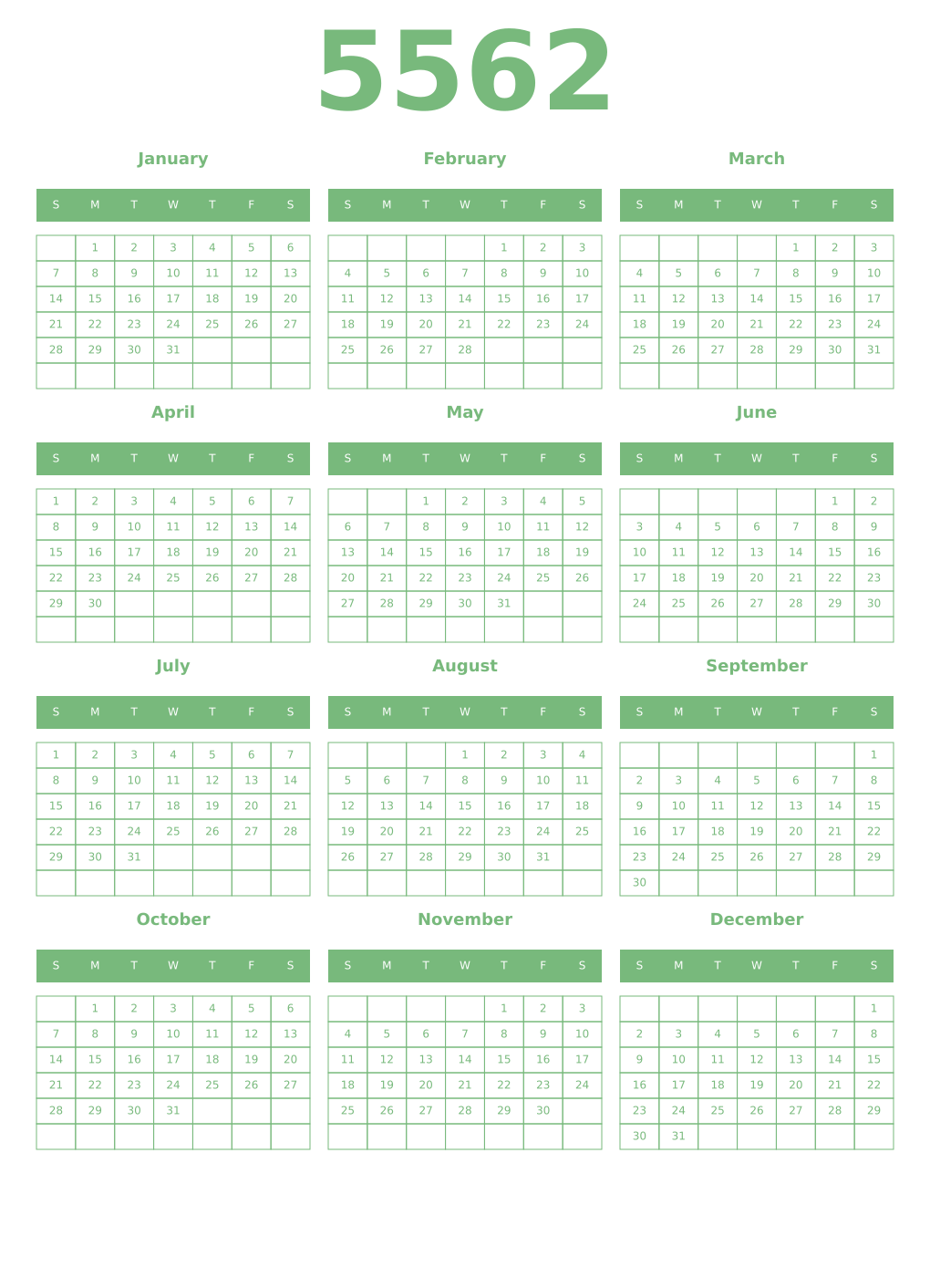 Printable 5562 Year Calendars celadon