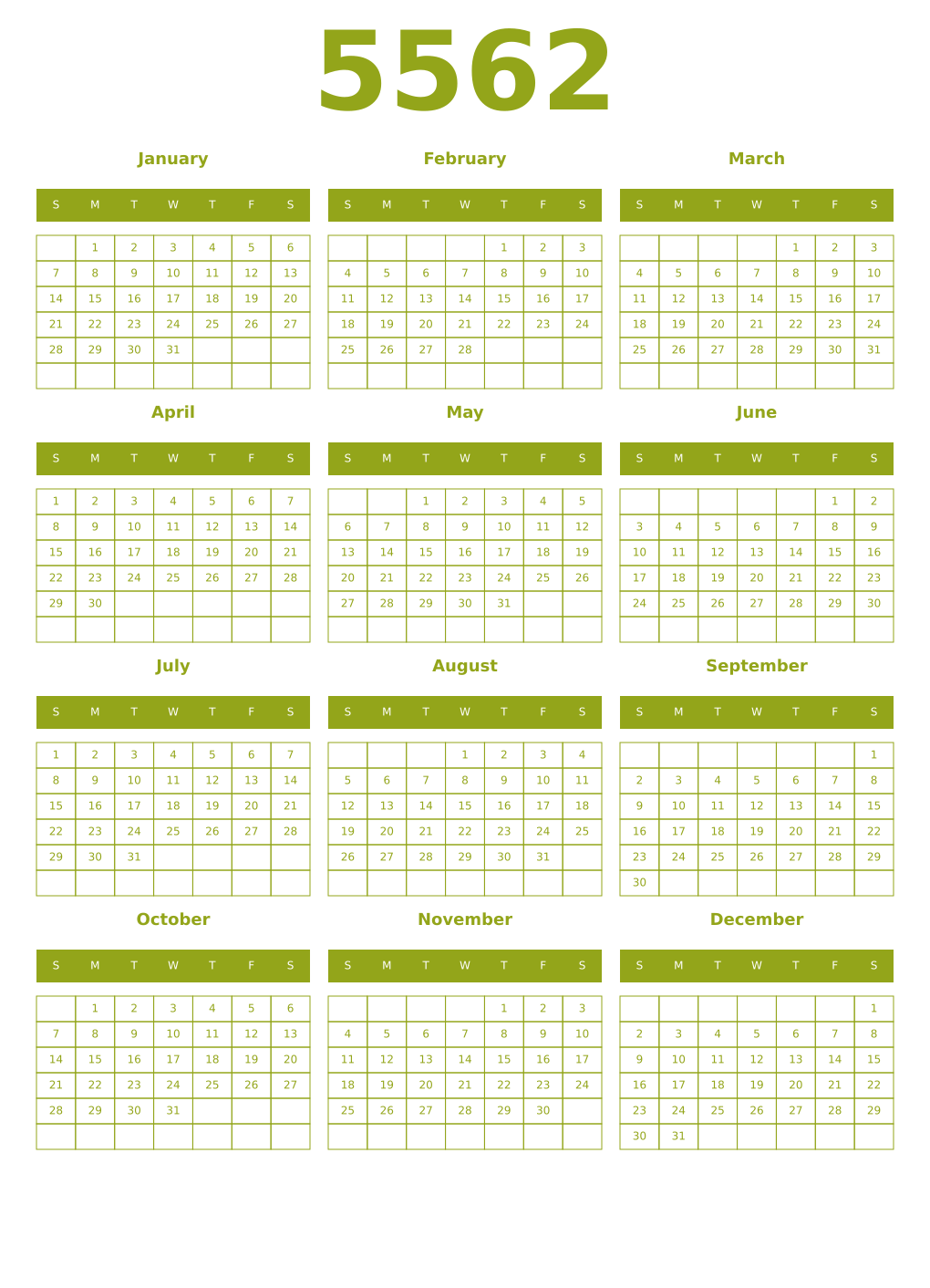 Printable 5562 Year Calendars chartreuse