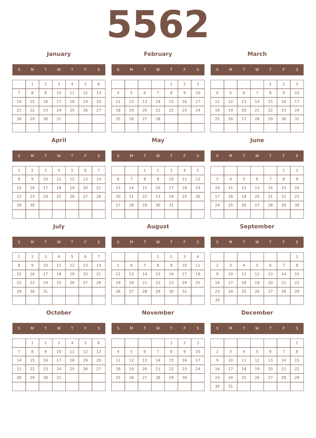Printable 5562 Year Calendars coffe