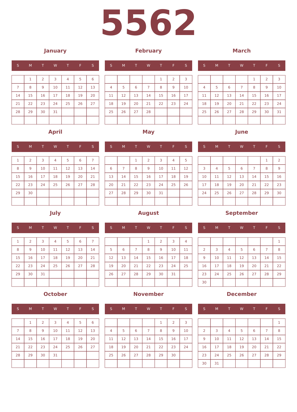 Printable 5562 Year Calendars cordovan